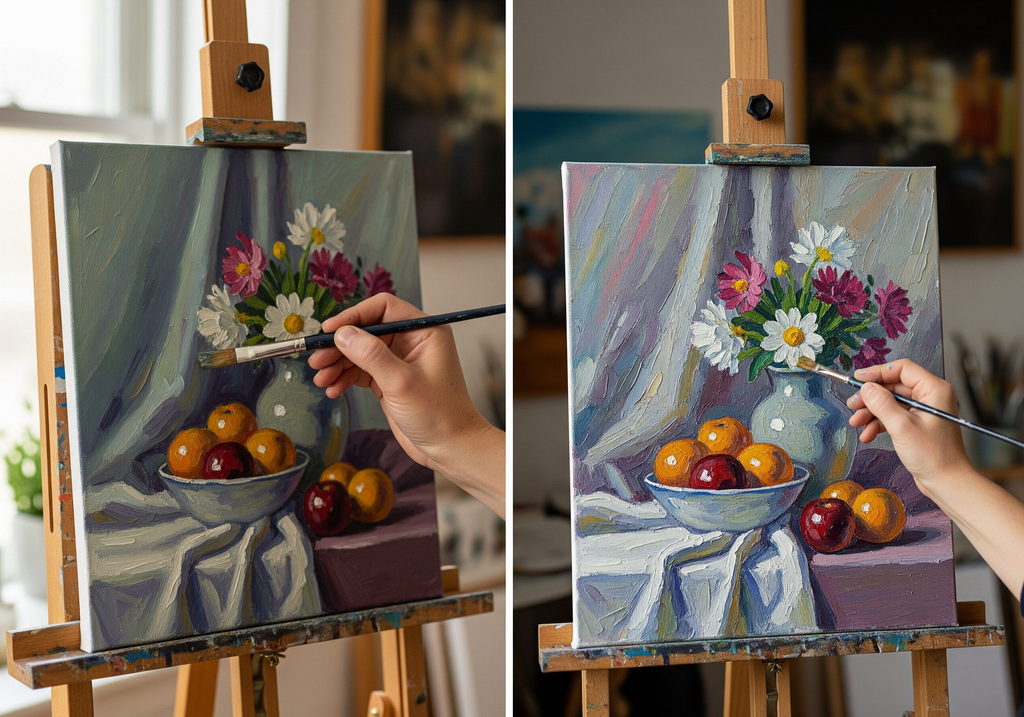 Préparation d’une nature morte avant vernissage