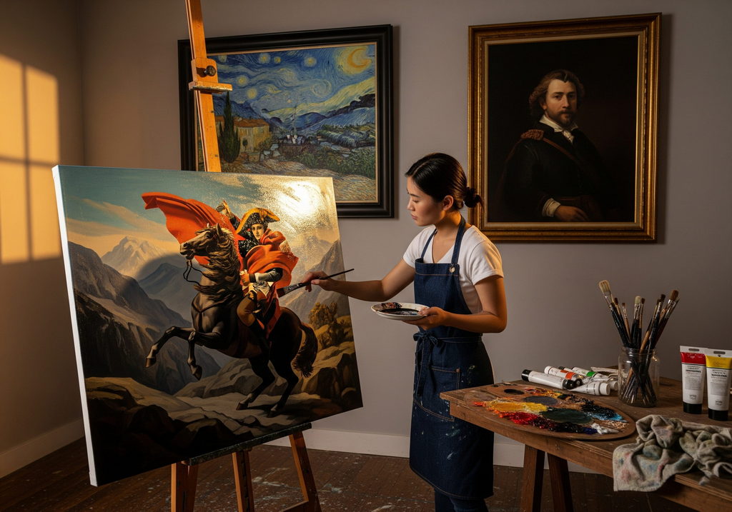 Une artiste applique un vernis sur une toile avec des bouteilles de vernis à ses pieds
