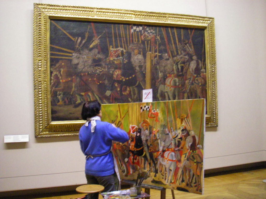 The artist copies a painting by Paolo Uccello