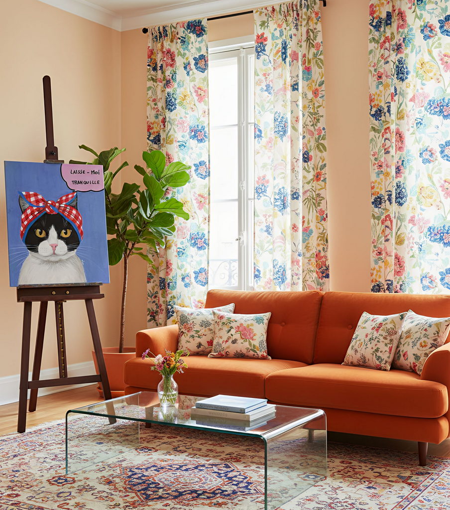 œuvre contemporaine dans un salon fleurie