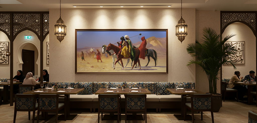 Reproduction de l’oeuvre Arabs Crossing The Desert de J.L. Gérôme pour un restaurant orientaliste