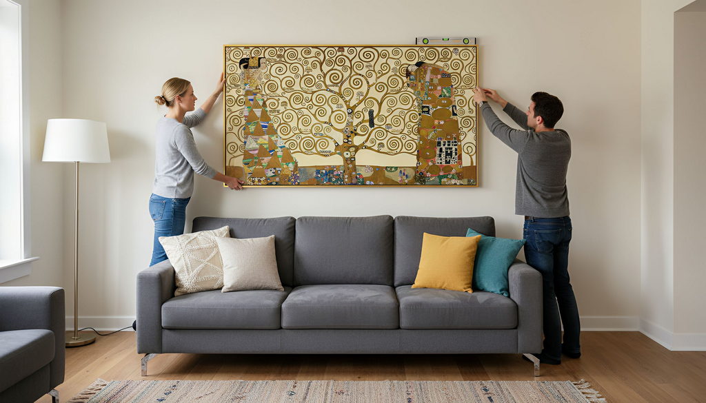 pose du tableau Tree Of Life de Klimt dans un salon