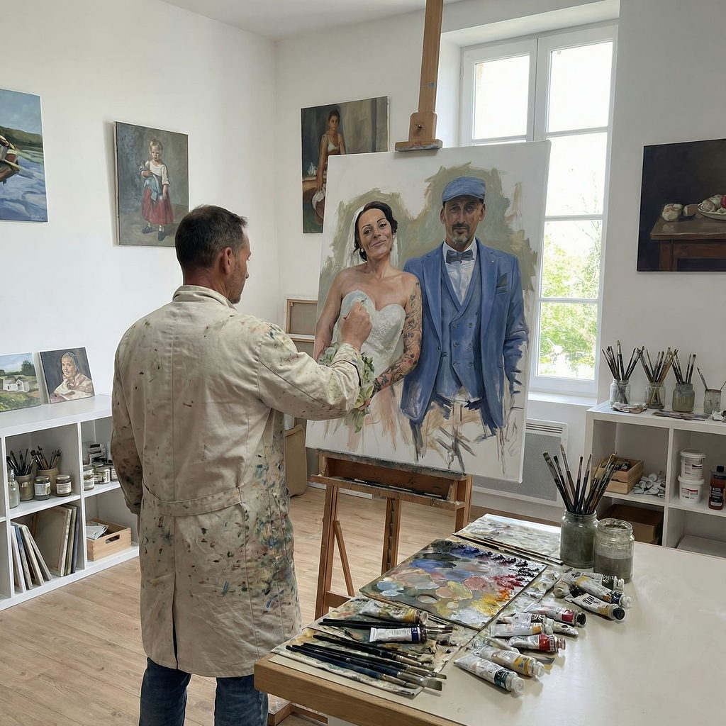 peintre réalisant un portrait de couple à l’huile