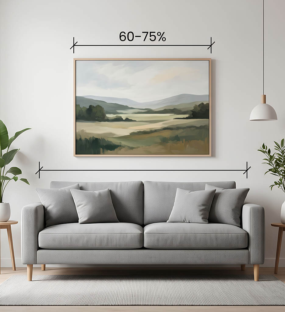 La règle des 60-75 % : Proportion d’art mural pour le canapé
